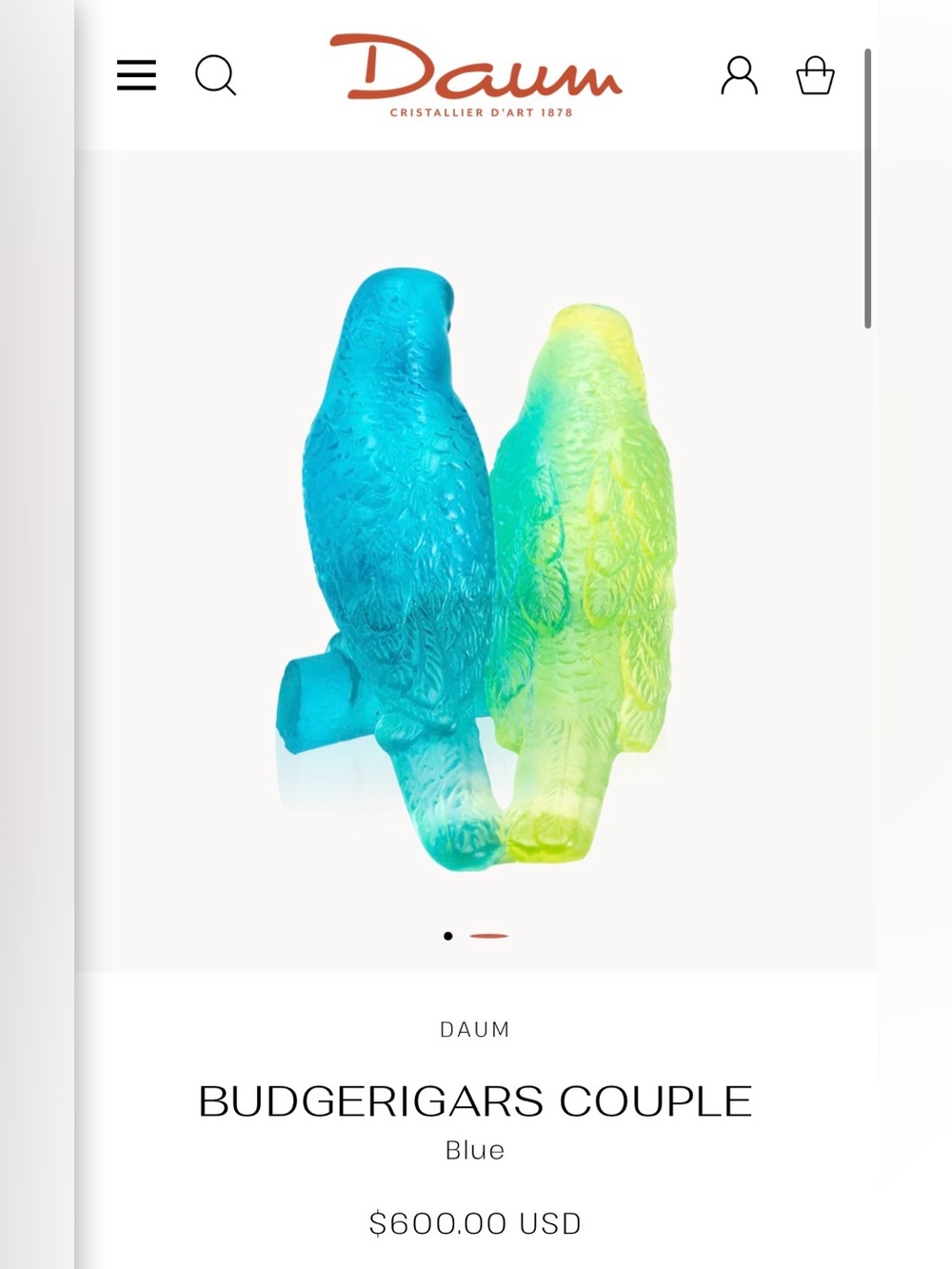 🦜Daum France Blue and Green Glass Budgerigars Couple Figurine